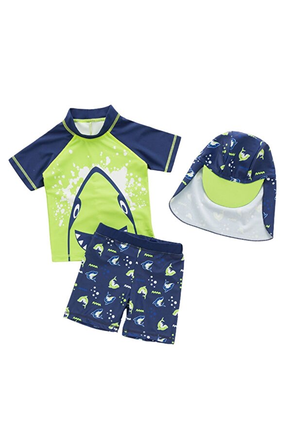 Petityu upf50+ güneş korumalı şort t-shirt şapka mayo set neon yeşil laci shark