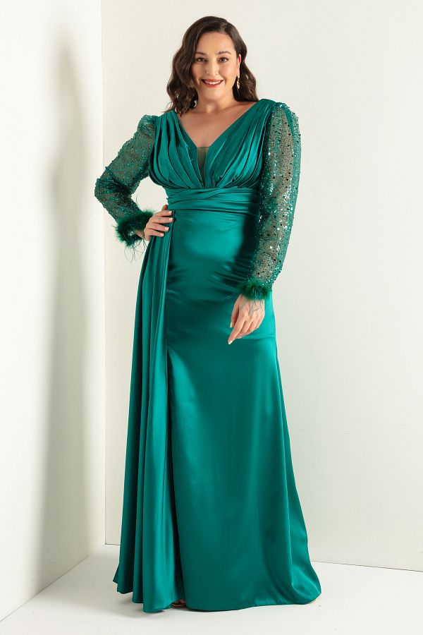 Lafaba Women s Emerald Green V Neck Sleeves with Stone Slits Long Plus Size Evening Dress Trendyol