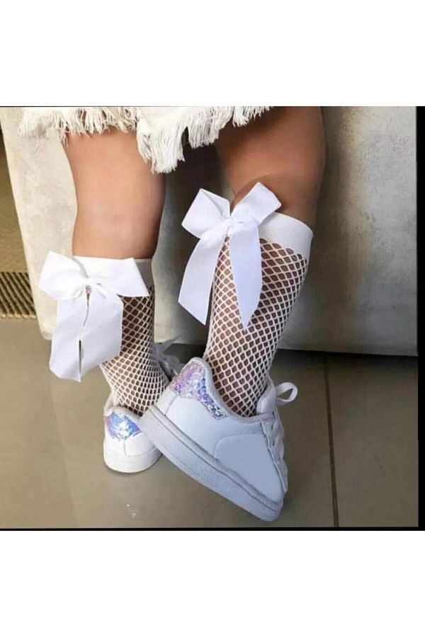 lalinkids-Baby Girl White Knee Length Fishnet Socks 1