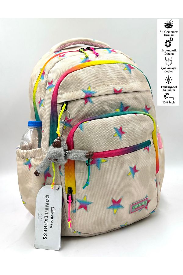 CantaExpress Beige Star Patterned School Backpack Light and Water Resistant 3700 Trendyol