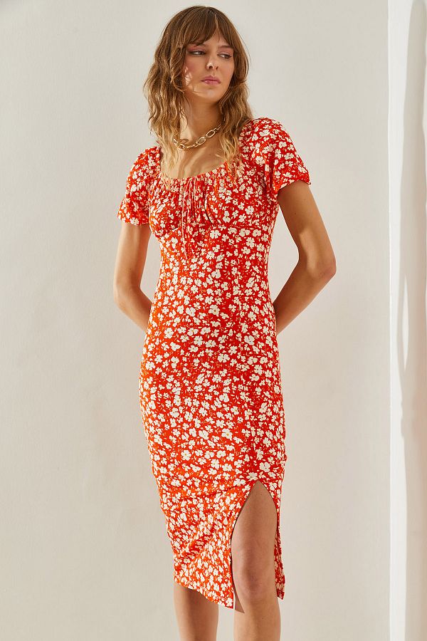 Bianco Lucci-Sukienka Daisy Patterned Tie-Up z rękawami w kształcie arbuza - Slit Detail,60251371 1