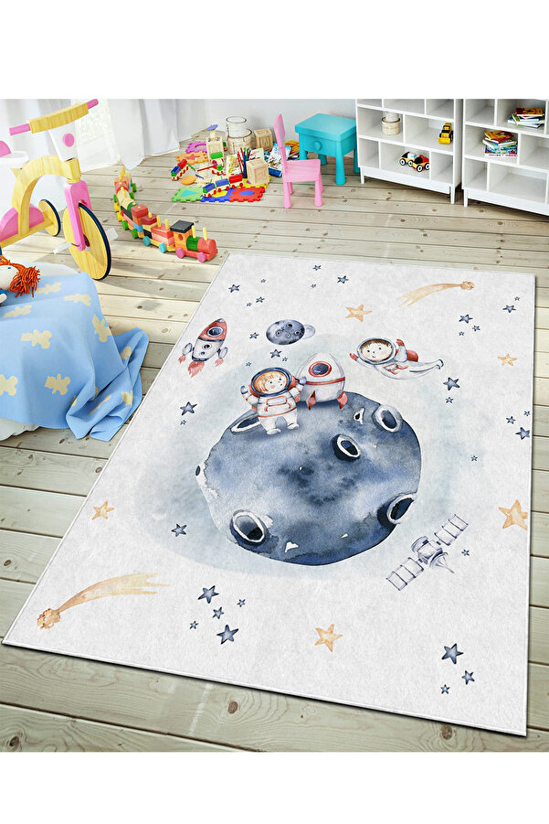 COZIE HOME Makinede Yıkanabilir Kaymaz Taban Leke Tutmaz Uzay Desenli Bebek Ve Çocuk Halısı Oyun Matı-24