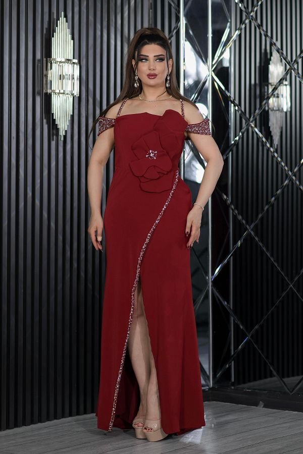 Helen Fashion Stone Detailed Floral Patterned Marina Fabric Long Evening Dress Trendyol