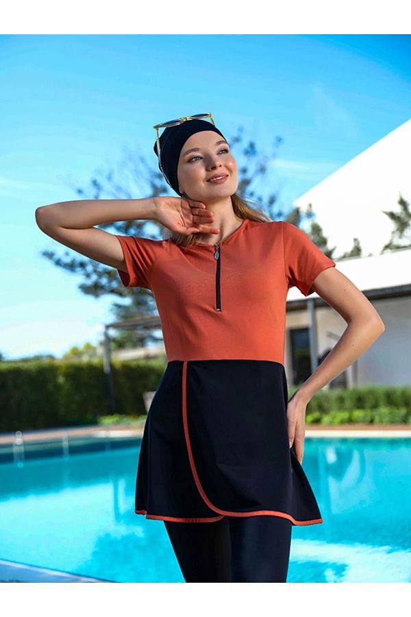 TESMAY Women s Fast Drying Swimsuit with Half Zipper Short Sleeve and Tights Detail