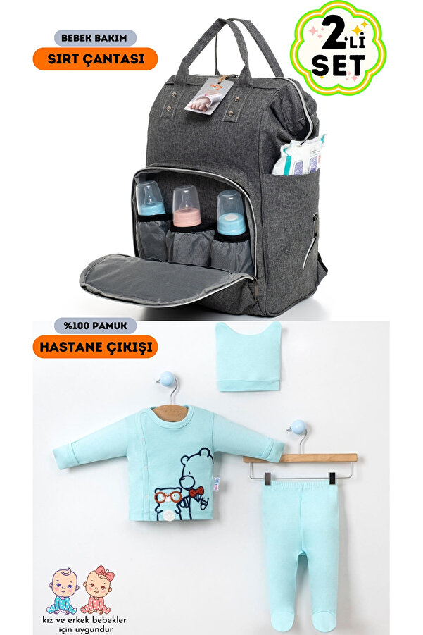 sahra bebek 2'li Doğum Seti (LEKE TUTMAZ,SU GEÇİRMEZ TERMAL BEBEK BAKIM ÇANTASI VE %100 PAMUK HASTANE ÇIKIŞI)