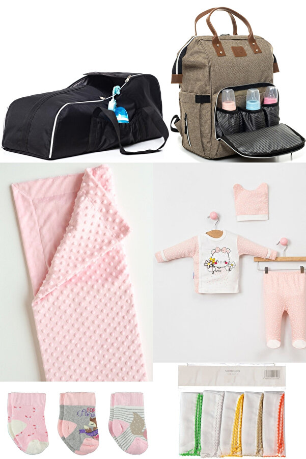 DERİNBEBE 6’lı Bebek Doğum Seti(HASTANE ÇIKIŞ,BEBEK BAKIM SIRT ÇANTASI,PORTBEBE,BATTANİYE,ÇORAP,MENDİL SETİ)