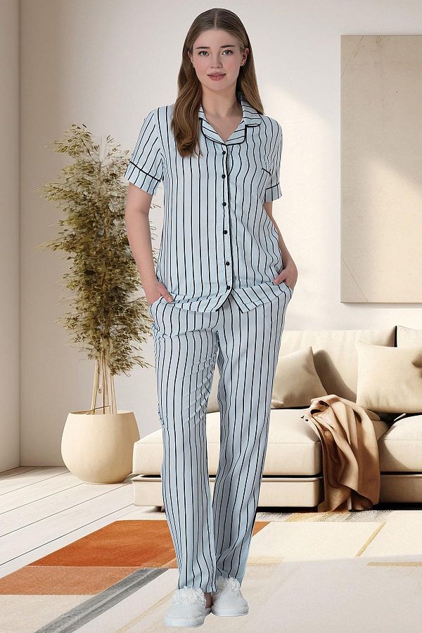 BLACKMORE Blue Striped Women s Cotton Summer Pajamas Set Buttoned Front Short Sleeve Pattern Trendyol