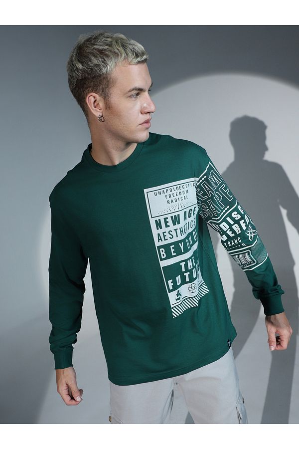 Hubberholme By Styli Relaxed Fit Typography Print T Shirt with Long Sleeves Trendyol