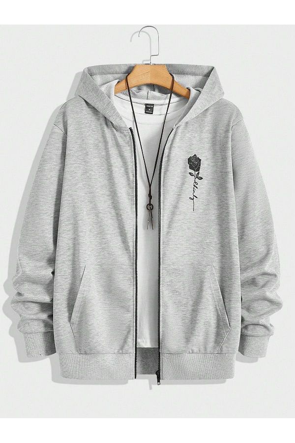 modaberry Gray Oversize Hooded Black Rose Sweatshirt Winter Cardigan with Zipper and Pockets