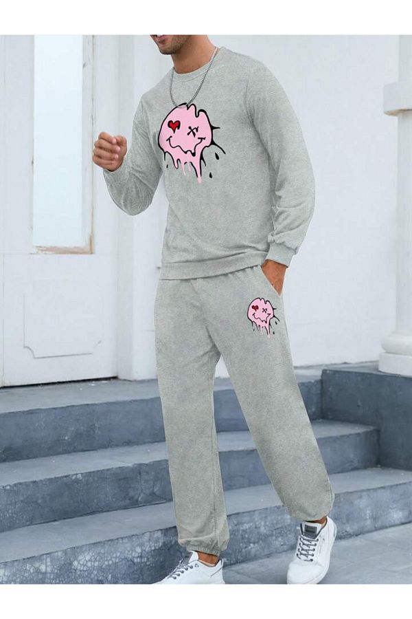 modaberry Heart Emoji Combination Lower Upper Tracksuit Set Gray Printed Oversize Rubber Leg Crew Neck Trendyol