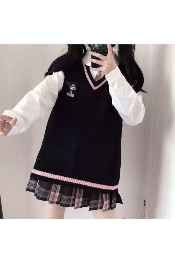 Köstebek-Sanrio Kuromi Harajuku Mood Anime V-Neck Sweater 1