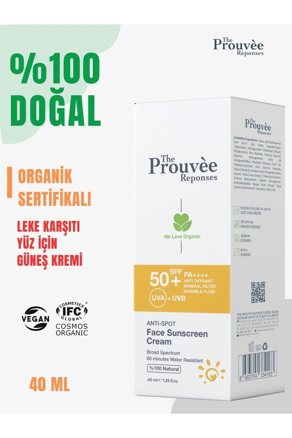 The Prouvee Reponses %100 Doğal 50+SPF Anti-Spot Leke Karşıtı Yüz için Organik Güneş Koruyucu Krem 40 ml