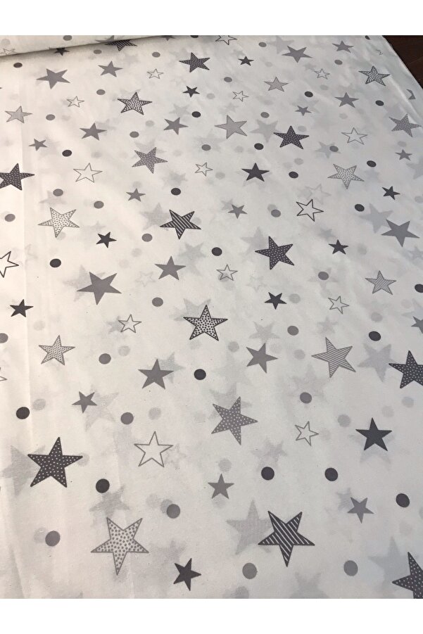 Bebek Özel Bir Metre Pamuklu Kumaş Gri Büyük Yıldızlı Desenli 240 cm Eninde (100X240 cm)