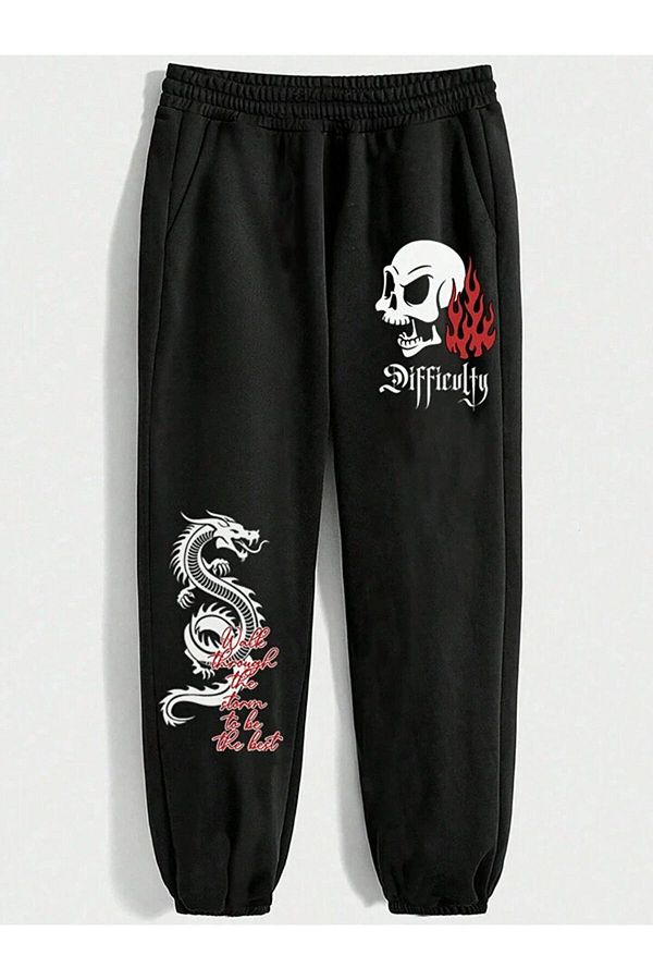 modaberry Difficulty Dragon Sweatpants Jogger Black Printed High Waist Rubber Leg Trendyol