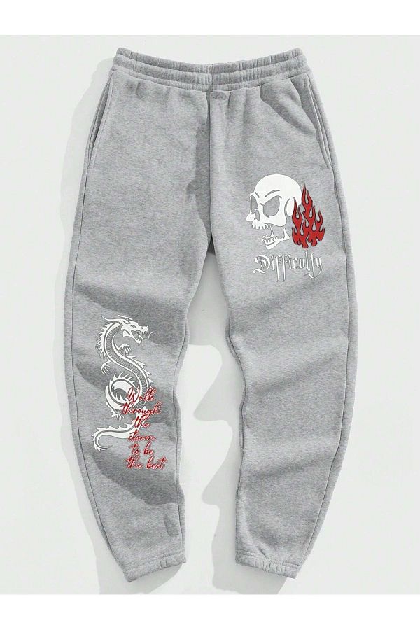 modaberry-Difficulty Dragon Sweatpants Jogger - Gray Printed High Waist Elastic Leg 1