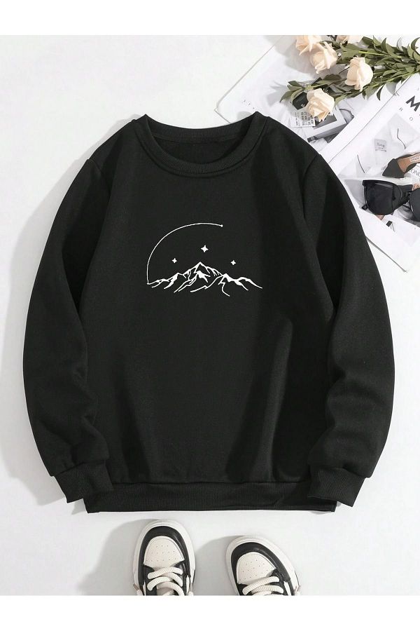 modaberry Mountain Silhouette Sweatshirt Black Printed Oversize Thick Crew Neck Trendyol