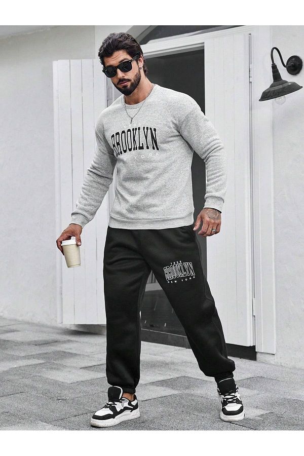 modaberry Brooklyn Combination Lower Upper Tracksuit Set Gray Black Printed Oversize Rubber Leg Crew Neck Trendyol