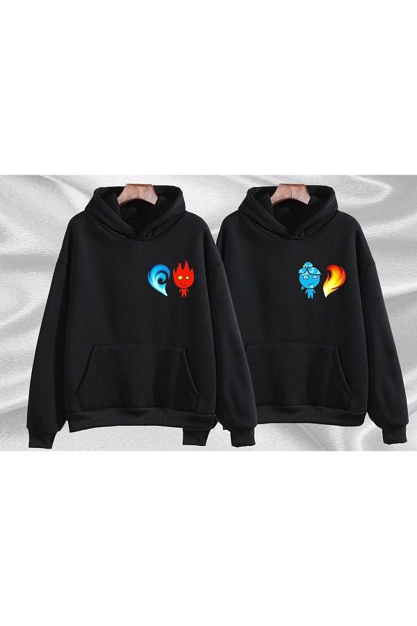 modaberry 2 Piece Fire and Water Element Lover Combination Sweatshirt Black Print Oversize Winter Hoodie Trendyol
