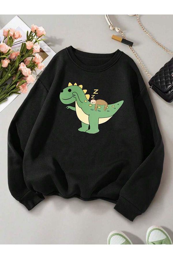modaberry Cute Dinosaur Sweatshirt Black Printed Oversize Thick Crew Neck Trendyol