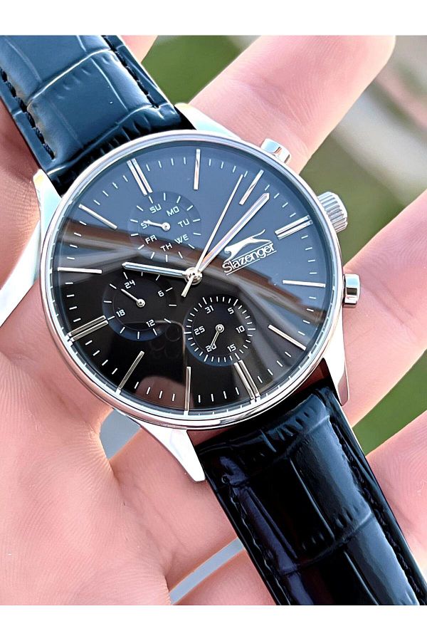 Slazenger 5 Atm Waterproof Black Leather Men s Wristwatch All Functions Active Trendyol