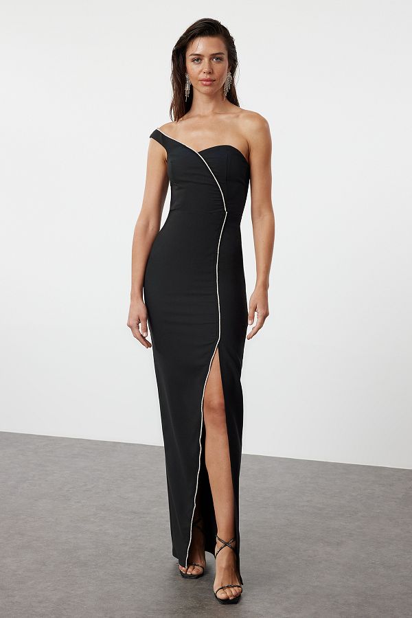 Trendyol Collection-Black Long Evening Dress with Stone Accessories - Single Sleeve Woven TPRSS24AE00166 1
