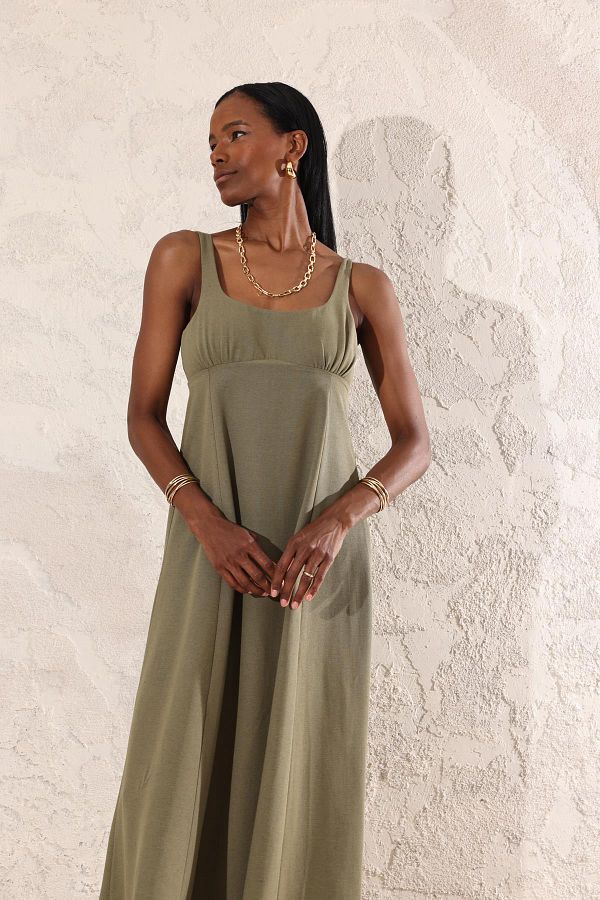 5in1Canpolat Linen Textured Khaki Dress Adjustable Strap 10328 Trendyol