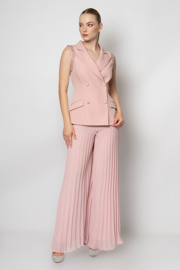 RENGIN Crepe Pleated and Stone Striped Jacket Chiffon Evening Dress and Trousers Set Trendyol