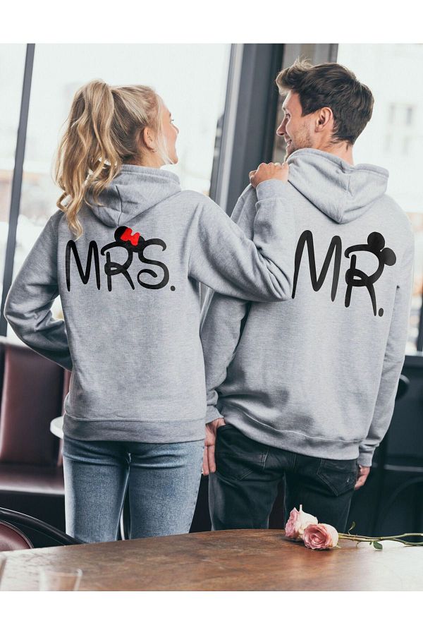 modaberry 2 L Mr Mrs Lover Combination Sweatshirt Gray Printed Oversize Winter Hoodie Trendyol
