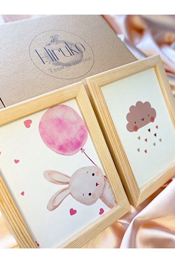 Hiruko Tasarım Atölyesi Çocuk Odası Ahşap Çerçeve Tavşan&Bulut Tablo 2'li Set  Bebek ve Çocuk Odası Set