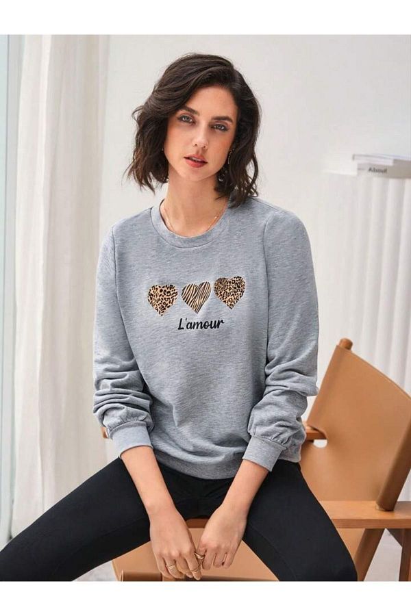 modaberry L amour Sweatshirt Gray Printed Oversize Thick Crew Neck Trendyol