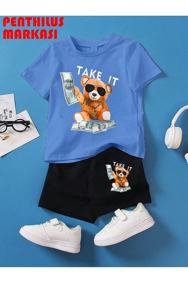 PENTHİLUS-Haval Yaı Printed T-shirt and Shorts Tracksuit Set 1