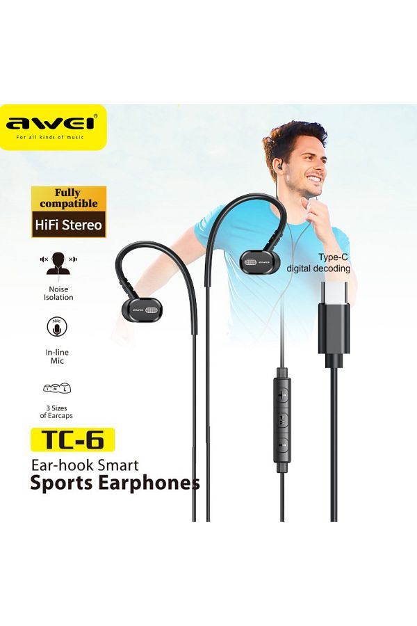 Choice Awei TC 6 Wired Earphones USB C Noise Canceling Type C Headphones Black Sports Headset For Runnin. Trendyol