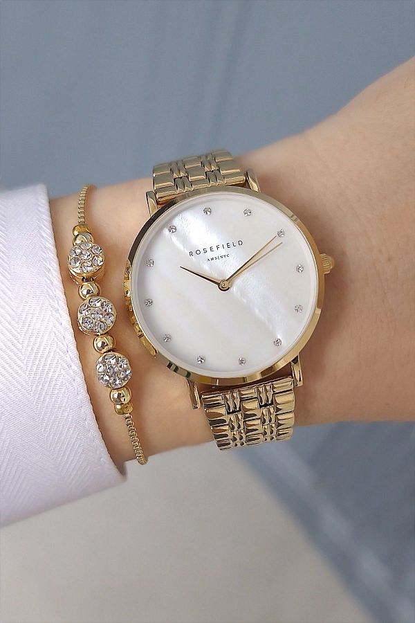 Rosefield Gold Yellow White Dial Stoned Women s Wristwatch with Zircon Stone Bracelet Gift Trendyol
