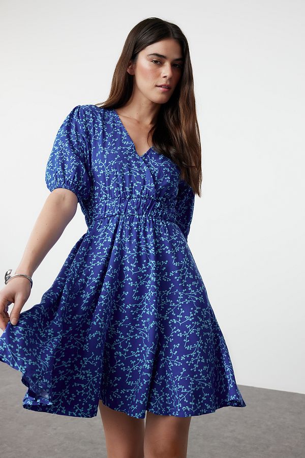 Trendyol Collection-Mini Skater Form - Saks Blumendruck Zweireihiges Kragenkleid TWOSS24EL01074 1