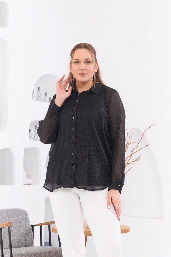 RMG-Plus Size Chiffon Shirt - Glitter, Long Sleeve 1