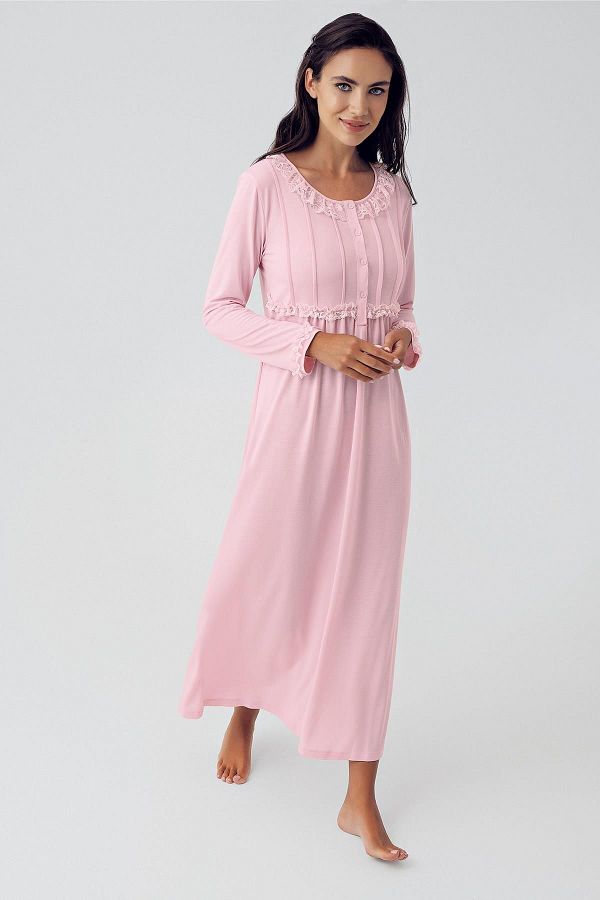Artış-Stretchy Viscous Nightgown - Long Sleeve and Button 1