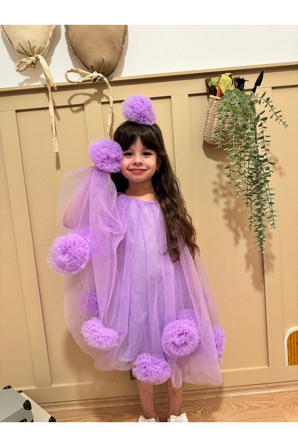 penu baby kids Crowned Lilac Baby Girl Dress Pompom Detail Trendyol