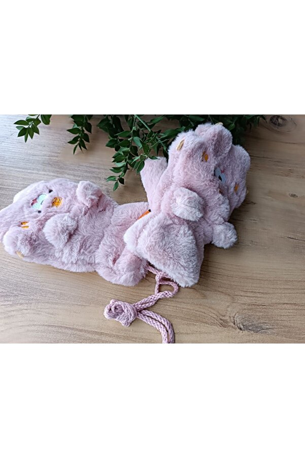 Blotch Kışlık Figürlü Bebek Peluş Boyundan Askılı pembe renk Eldiven