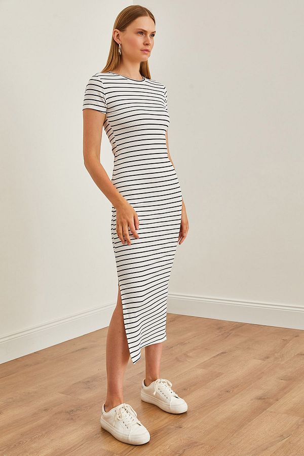Striped midi dress with buttons best sale