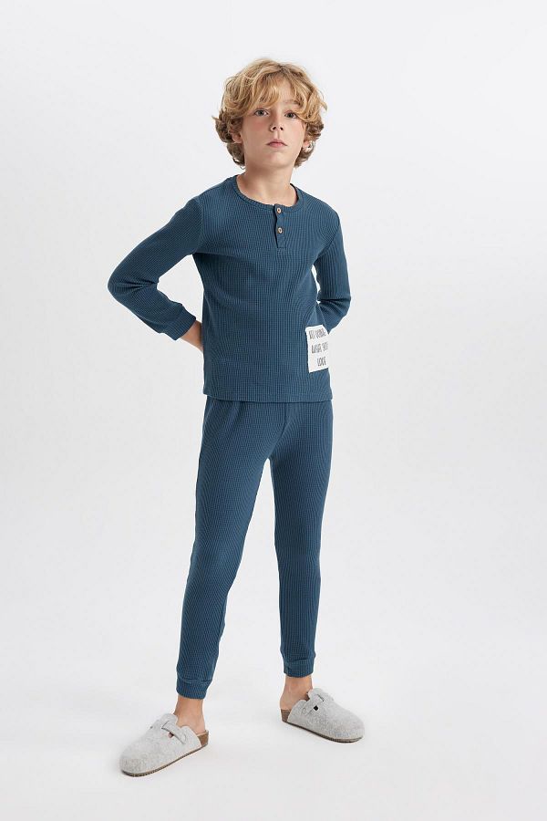 DeFacto-Waffle Patterned Boy's Pajama Set - Long Sleeve A9613a823wn 1