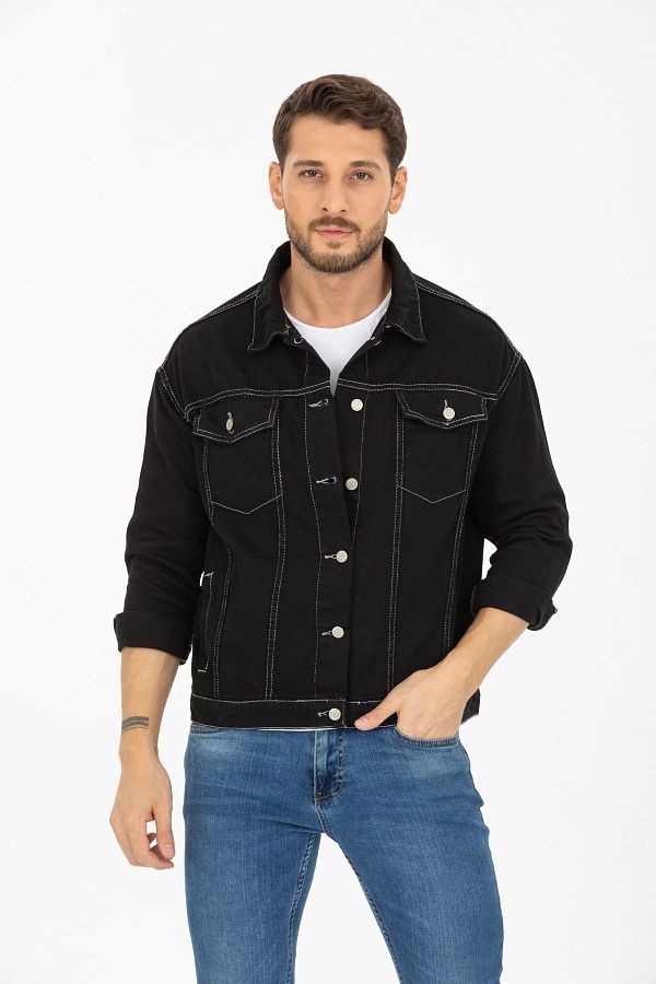GR JEANS Black Denim Jacket with White Stitching Trendyol