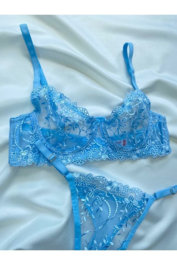 ARONA Bebek Mavisi Balenli Tül Dantel Sütyen Bralet Tanga Iç Çamaşırı Takım - Lingerie Haven fotoğrafı 1