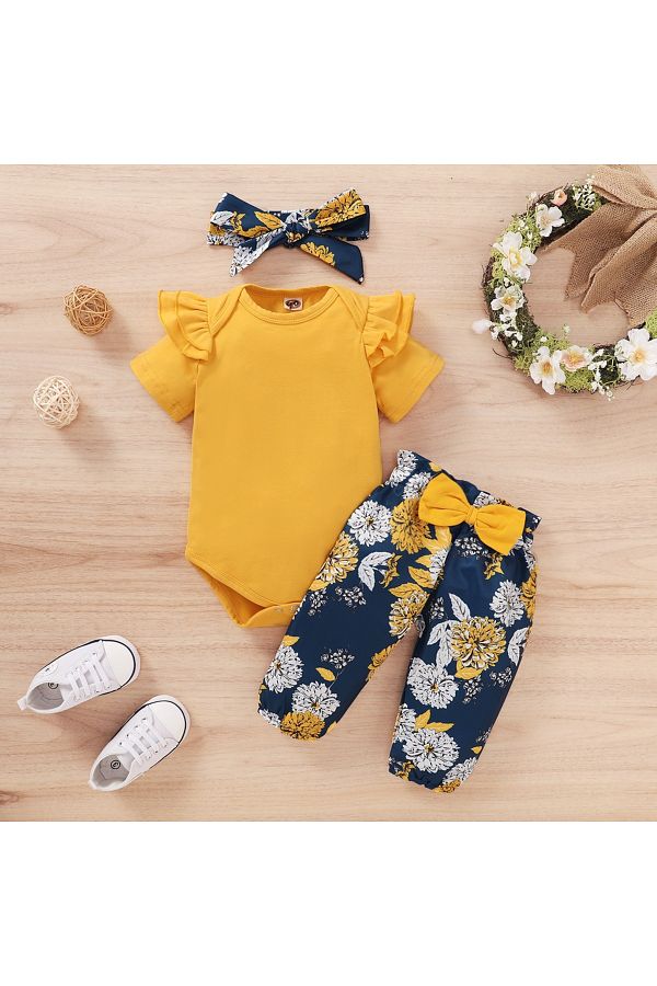 Choice Clothing Set for New Baby Girls Short Sleeve Bodysuit Floral Pants Bow Headband Trendyol