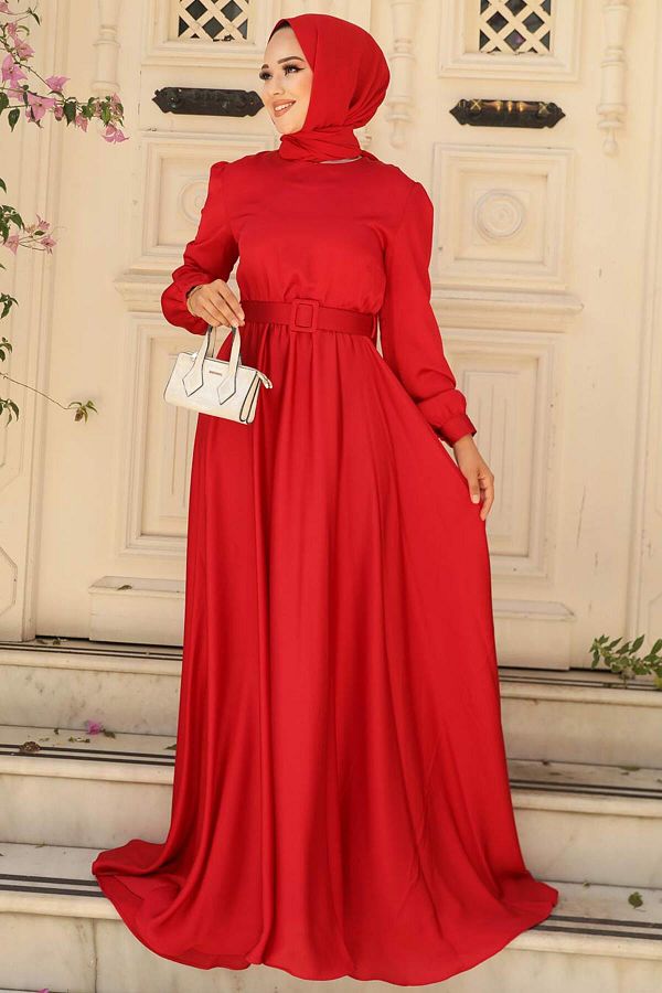 Neva Style Hijab Evening Dresses Red Hijab Evening Dress with Belt 28890k