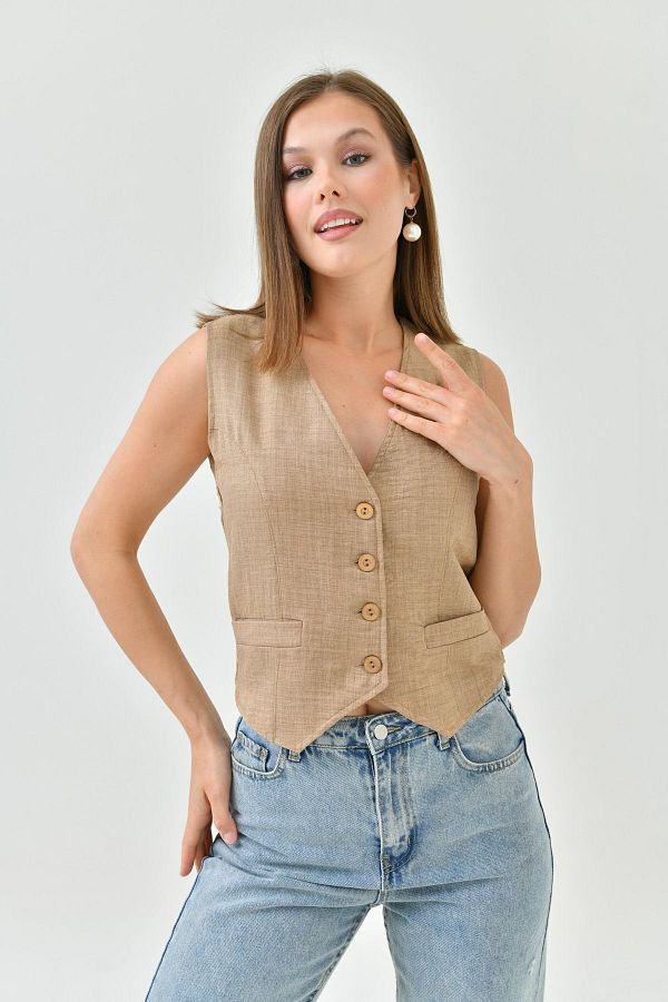 Lusin Light Brown V Neck Linen Bamboo Summer Vest Lined Trendyol