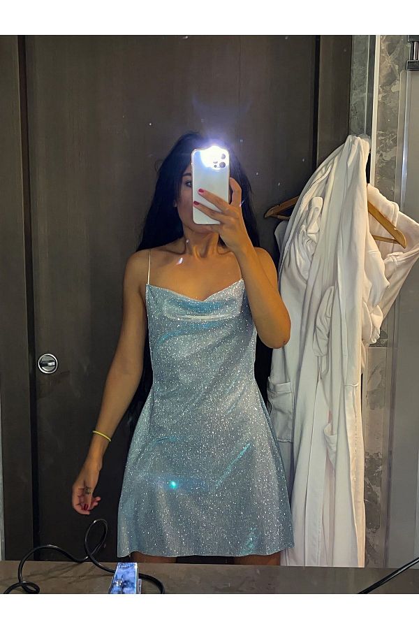 Gul ah Evecen Special Design Baby Blue Glitter Mini Dress Trendyol