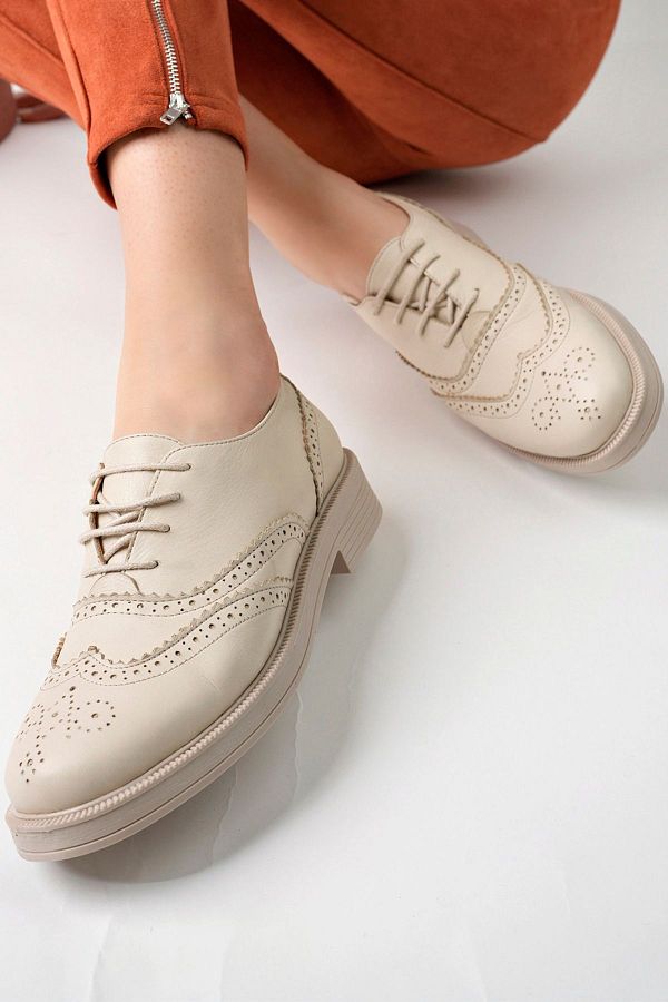 GRADA Genuine Leather Women s Beige Oxford Shoes Beige Color Women s Shoes Beige Laced Classic Shoes Trendyol
