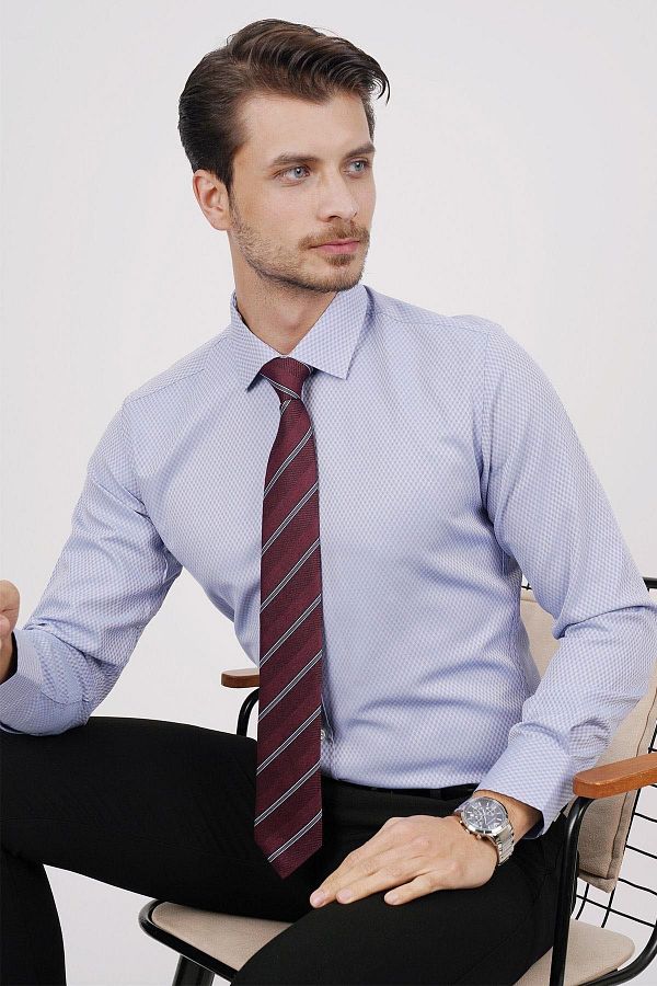 Etikmen-Shirt and Tie Set (burgundy Striped Tie & Blue Checkered Dobby Patterned Slimfit Shirt) 1