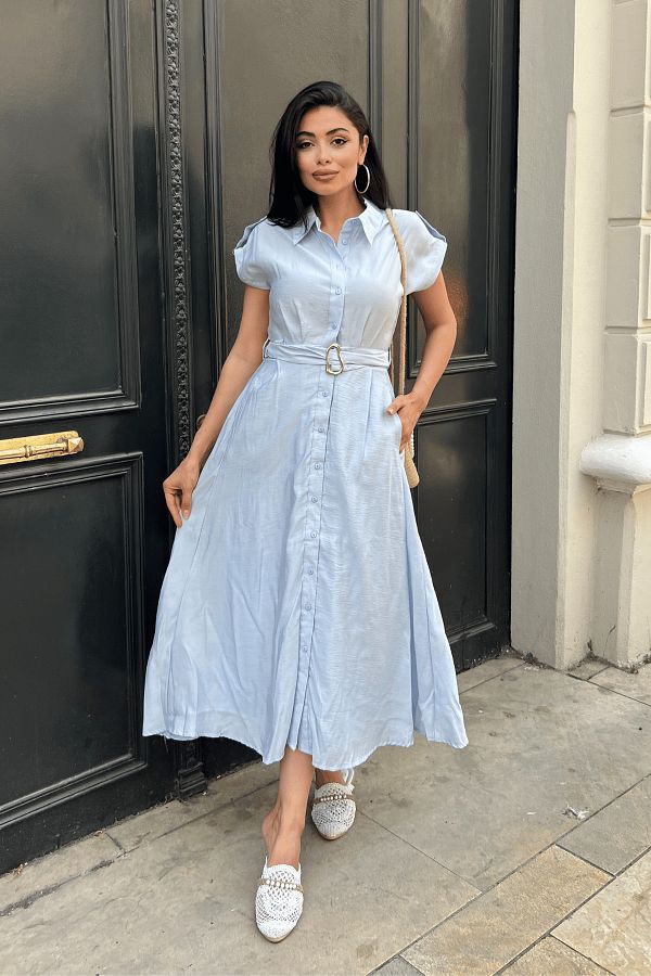 giyimmasal Ice Blue Midi Dress Modal Fabric and Button Detail Trendyol