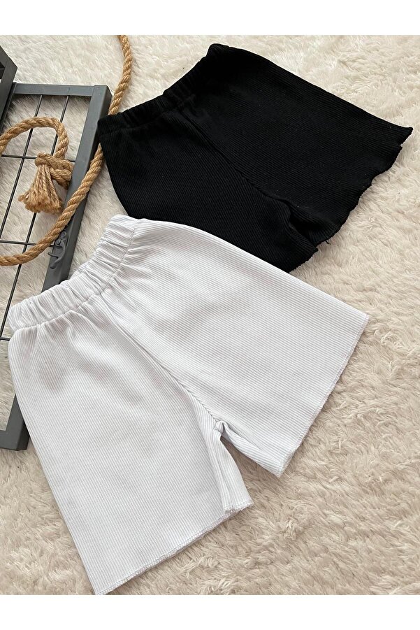 BAHNUR 2'li BEBEK SİYAH VE BEYAZ FİTİLLİ RİBANA ŞORT ALT GİYİM